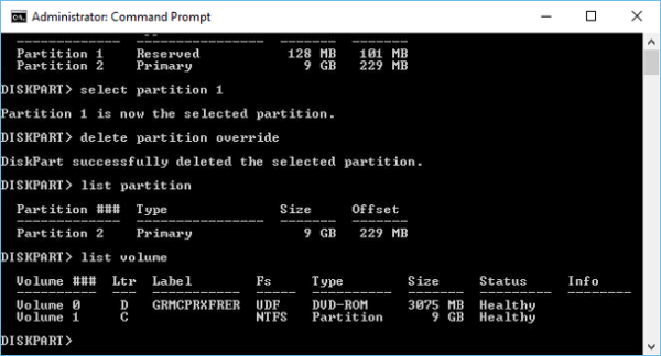 Вводим list partition и нажимаем Enter