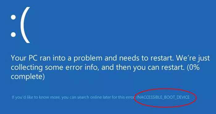 INACCESSIBLE_BOOT_DEVICE при загрузке Windows 10