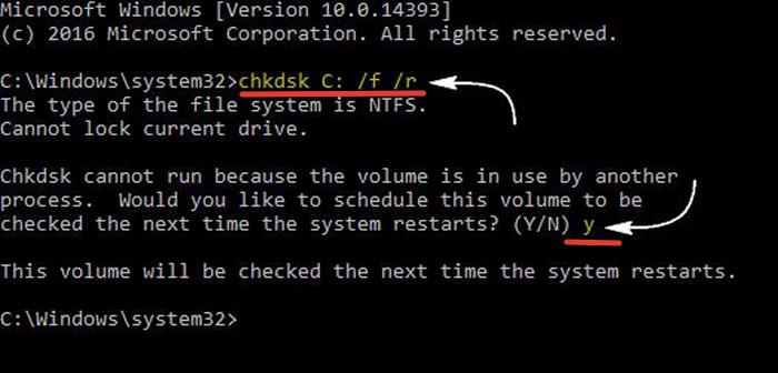 Вводим команду «chkdsk Х: /f /r», нажимаем «Enter»